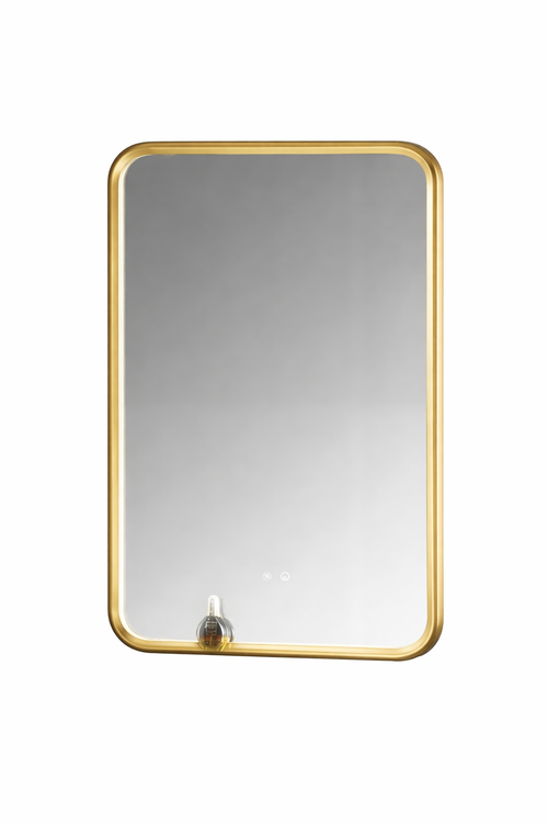 Enigma Framed LED Bathroom Mirror with Shelf – Brushed Gold Stainless Steel