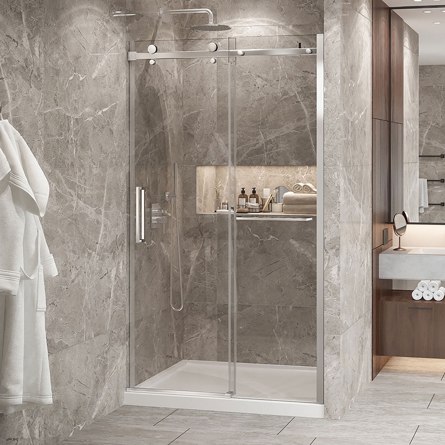 Zitta Shower door 48", in alcove, in brushed gold