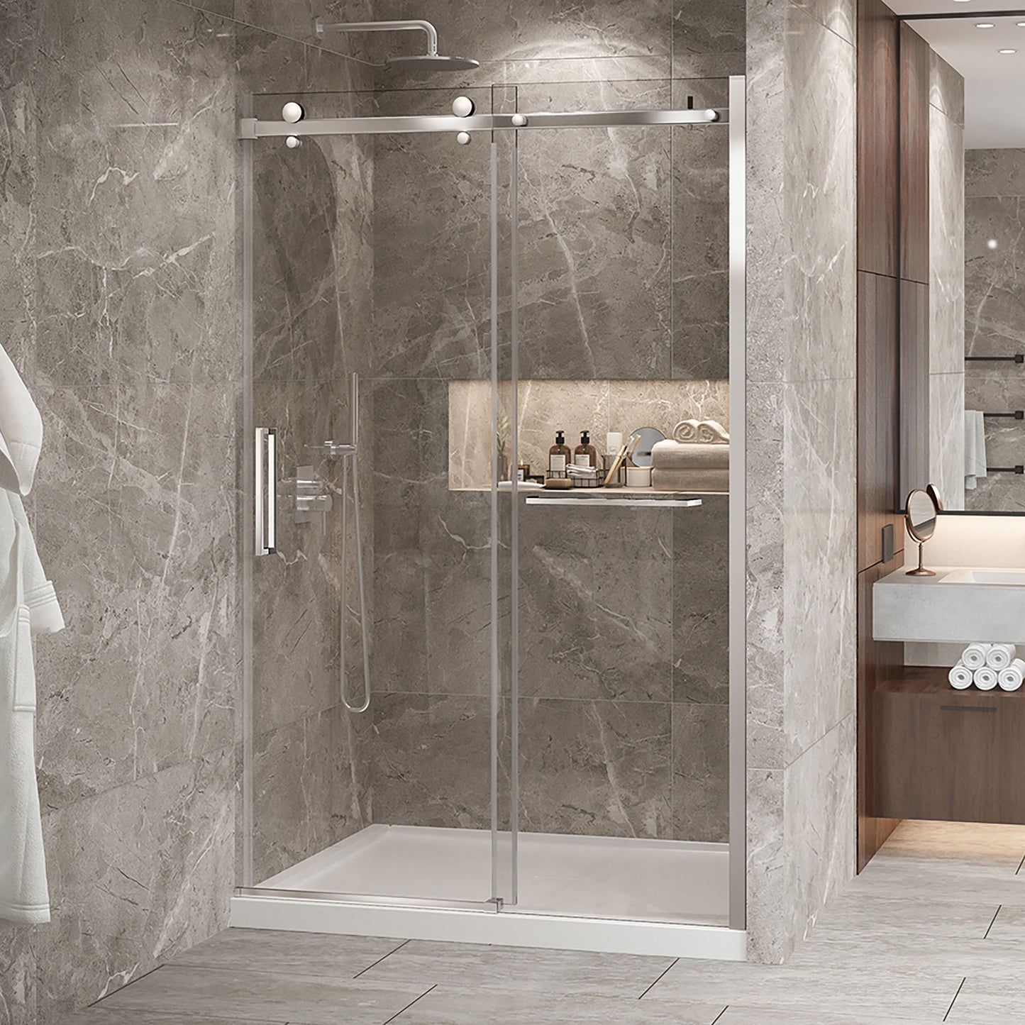 Zitta Shower door 54", in alcove, in brushed gold