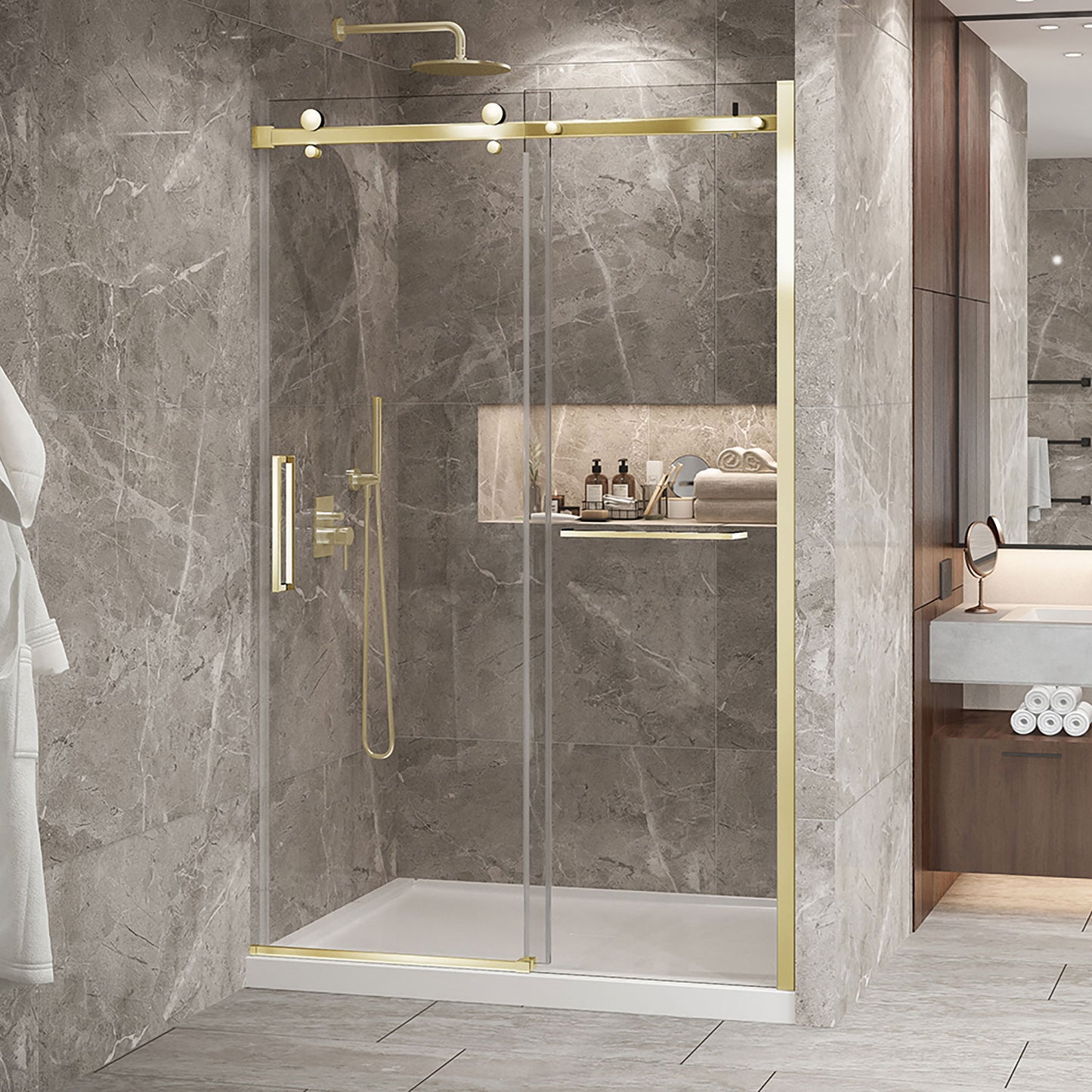 Zitta Shower door 54", in alcove, in brushed gold