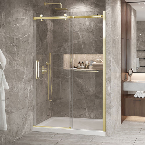 Zitta Shower door 54", in alcove, in brushed gold