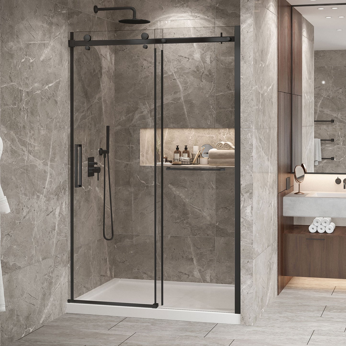 Zitta Shower door 54", in alcove, in brushed gold