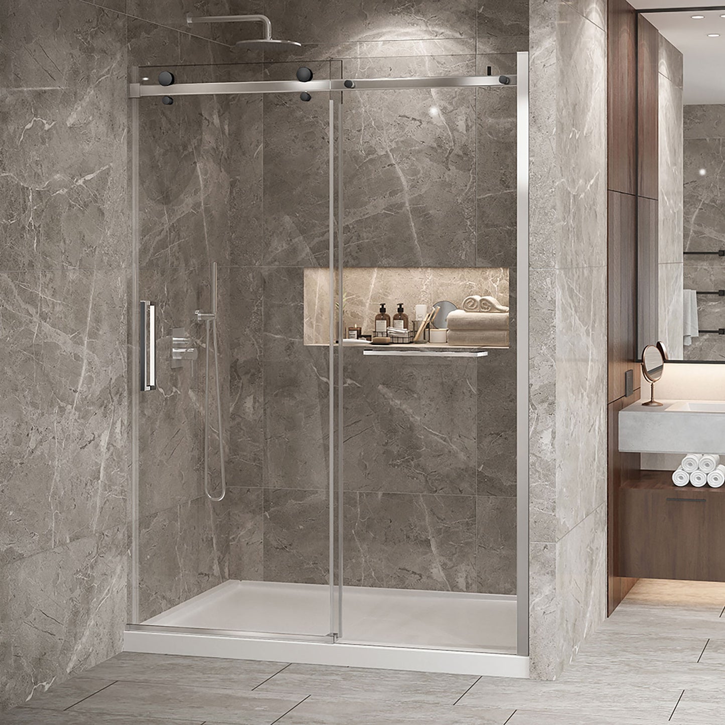 Zitta Shower door 60", in alcove, in brushed gold