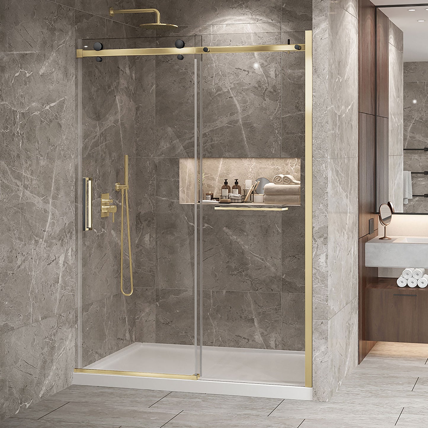 Zitta Shower door 60", in alcove, in brushed gold