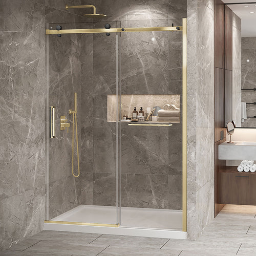 Zitta Shower door 60", in alcove, in brushed gold