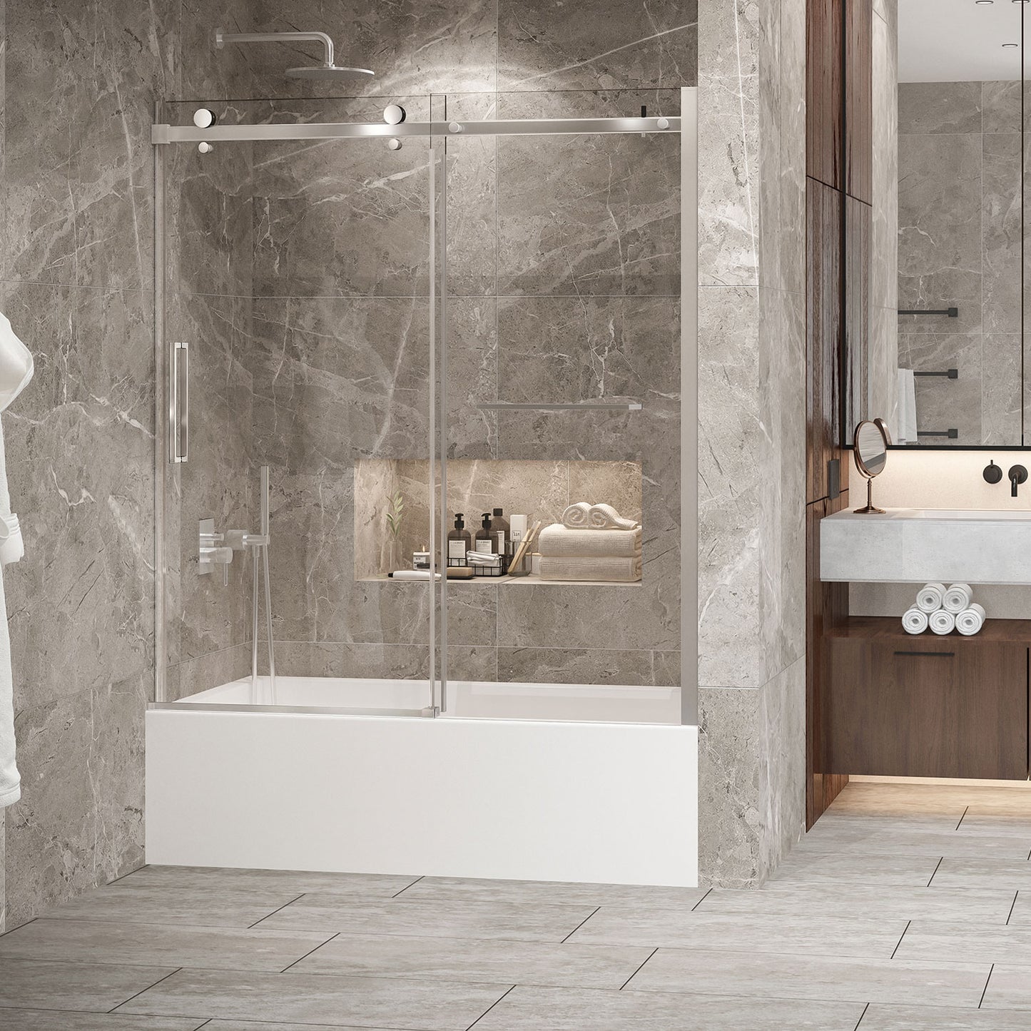 Zitta Bathtub door 60", in alcove, in brushed nickel