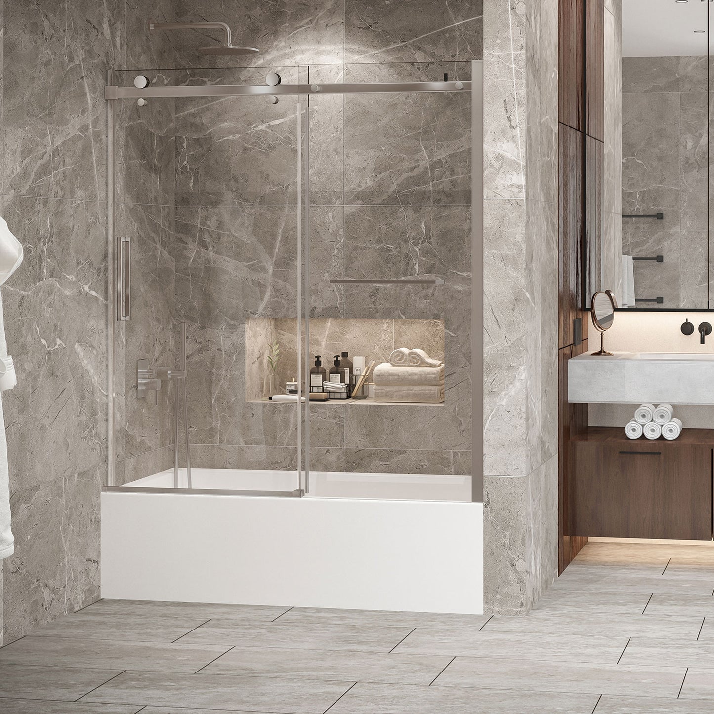 Zitta Bathtub door 60", in alcove, in brushed nickel