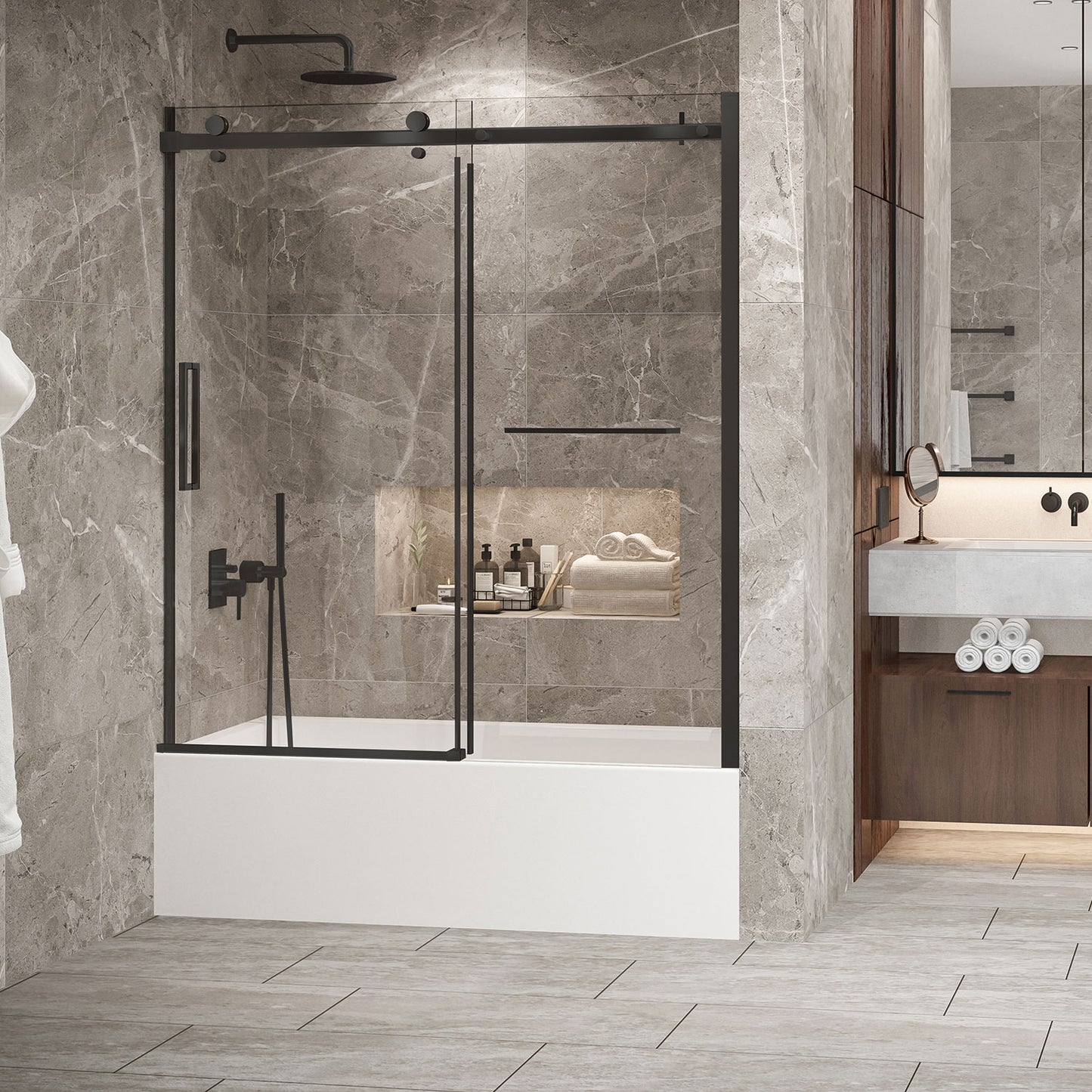 Zitta Bathtub door 60", in alcove, in brushed nickel