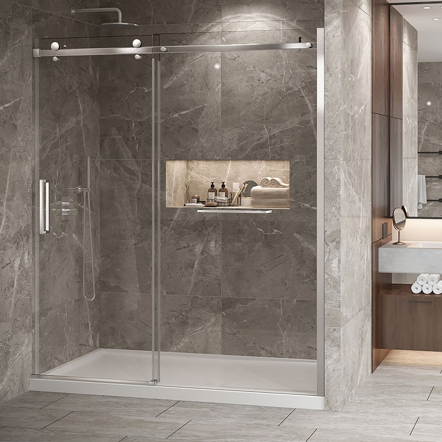 Zitta Shower door 72", in alcove, in brushed gold