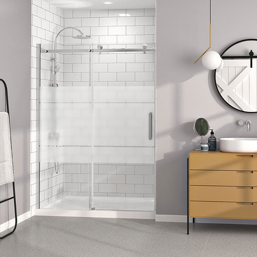 Zitta Shower door 60", in alcove, door on the right, in chrome and frosted glass