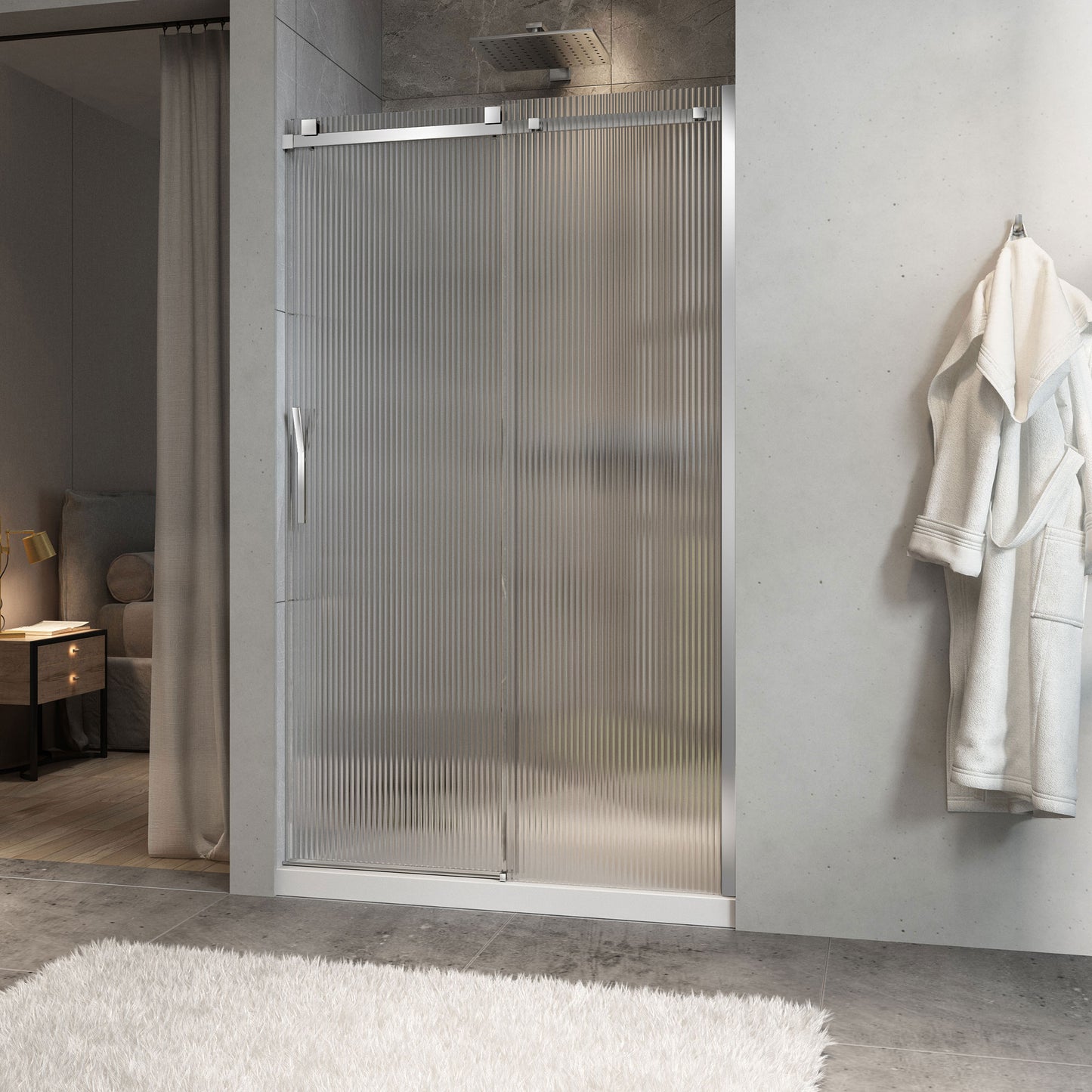 Zitta Shower door 48", in alcove, door on the left, in chrome and fluted glass