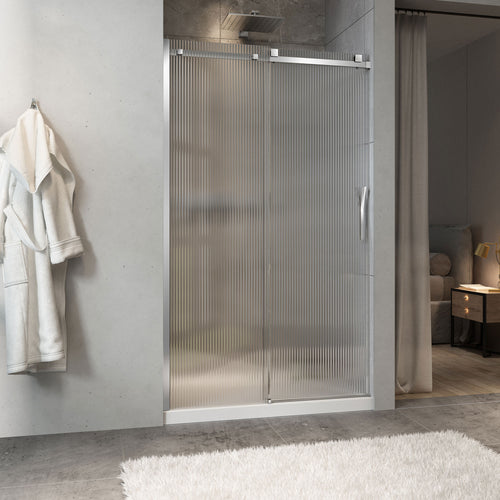 Zitta Shower door 48", in alcove, door on the right, in chrome and fluted glass