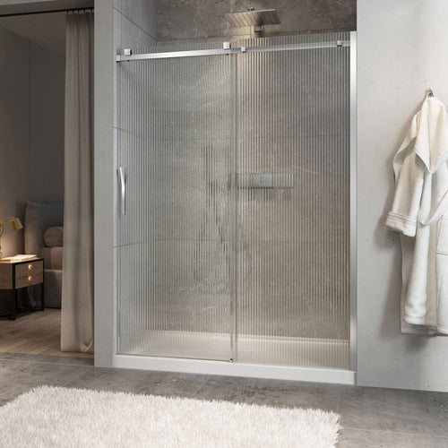 Zitta Shower door 60", in alcove, door on the left, in chrome and fluted glass