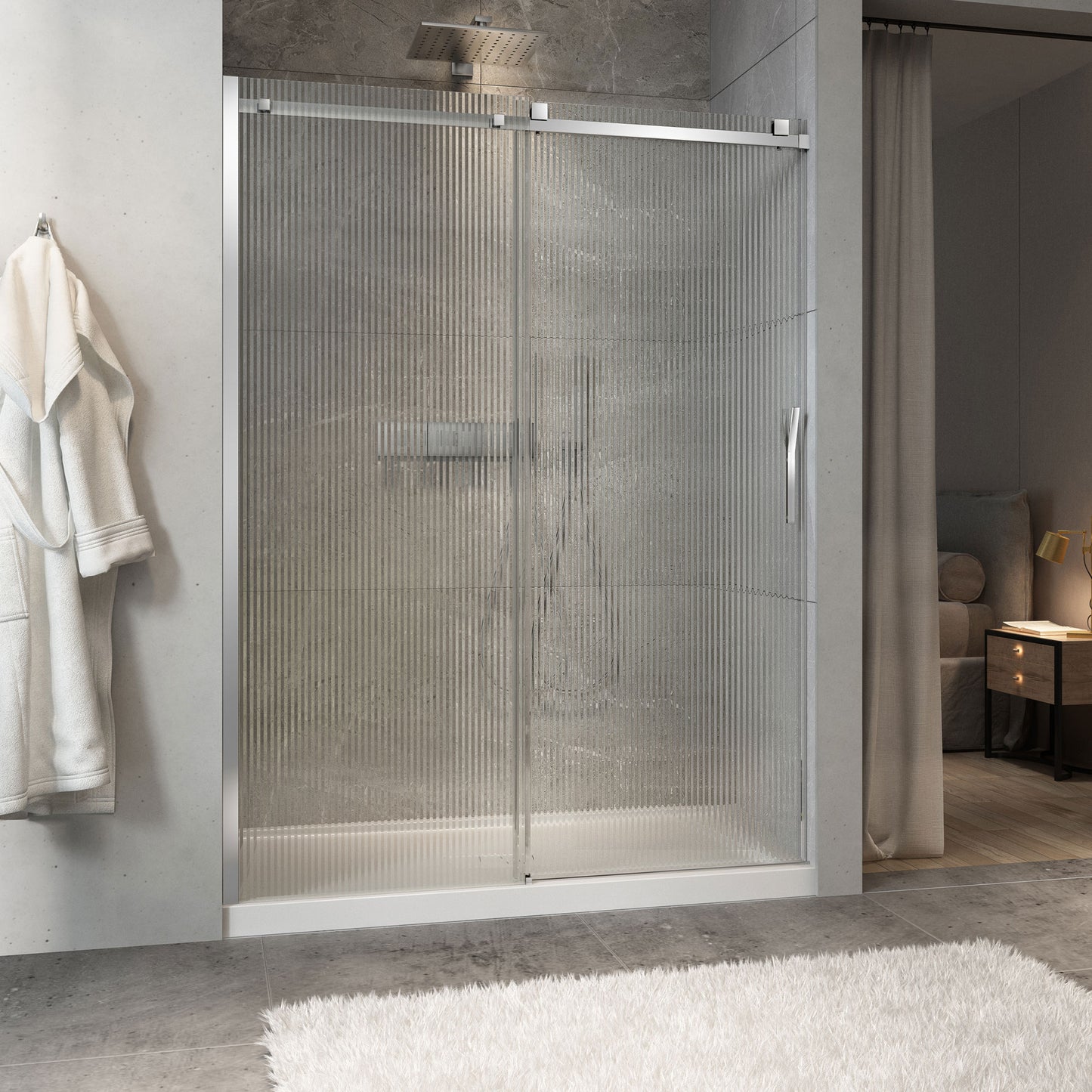 Zitta Shower door 60", in alcove, door on the right, in chrome and fluted glass