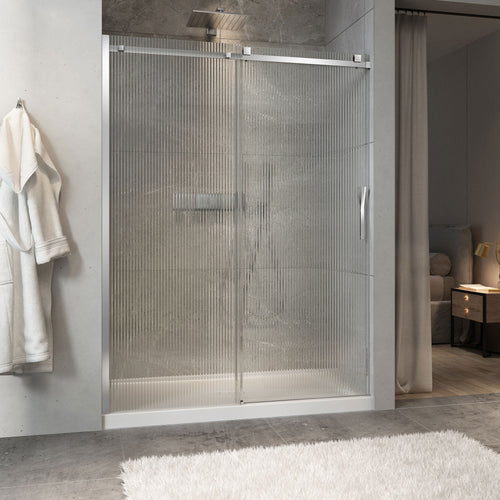 Zitta Shower door 60", in alcove, door on the right, in chrome and fluted glass