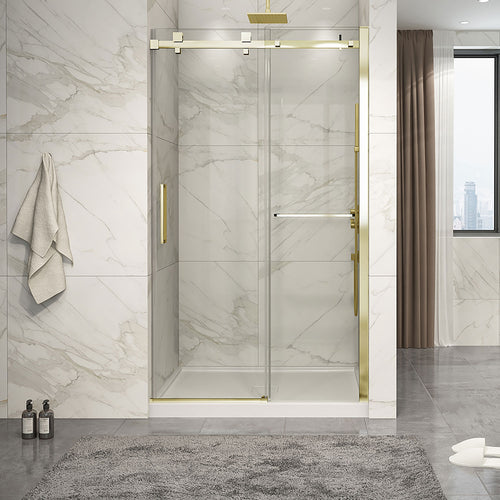 Zitta Shower door 48", in alcove, in brushed gold