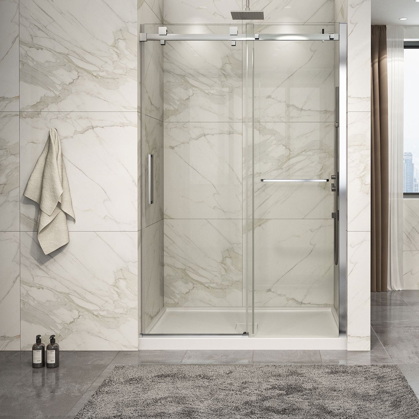 Zitta Shower door 54", in alcove, in brushed gold