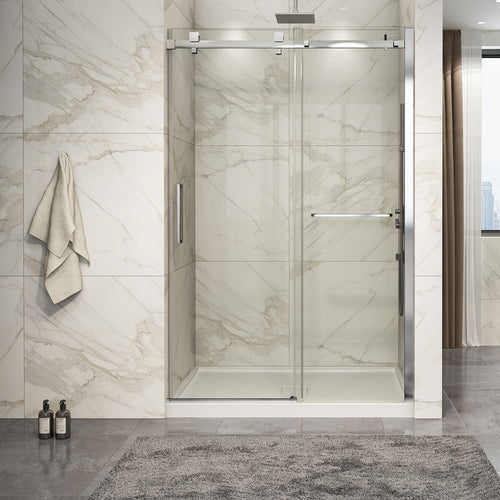 Zitta Shower door 54", in alcove, in brushed gold