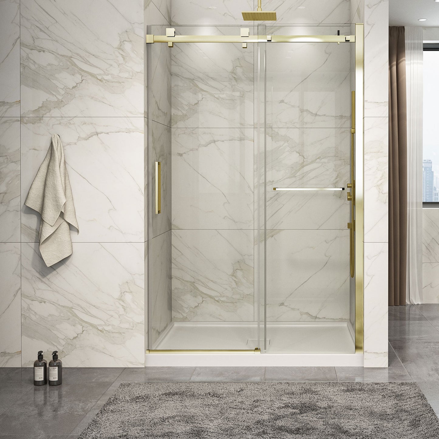 Zitta Shower door 54", in alcove, in brushed gold