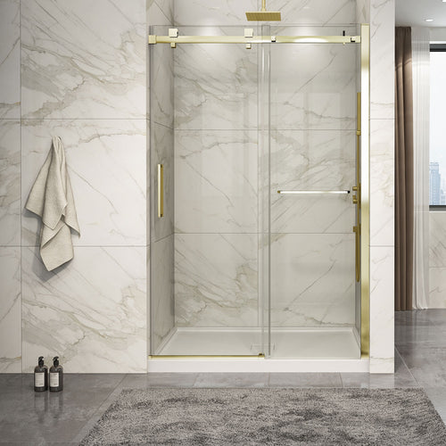 Zitta Shower door 54", in alcove, in brushed gold