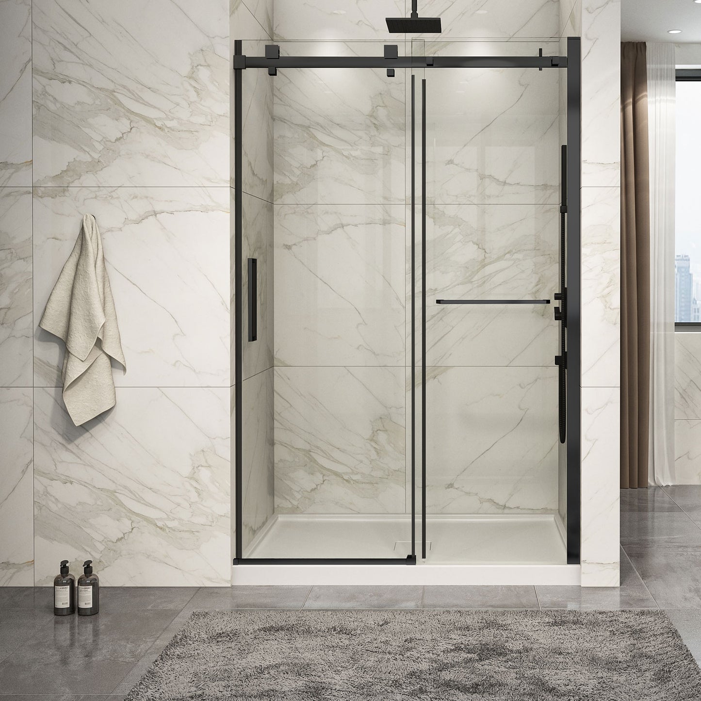 Zitta Shower door 54", in alcove, in brushed gold