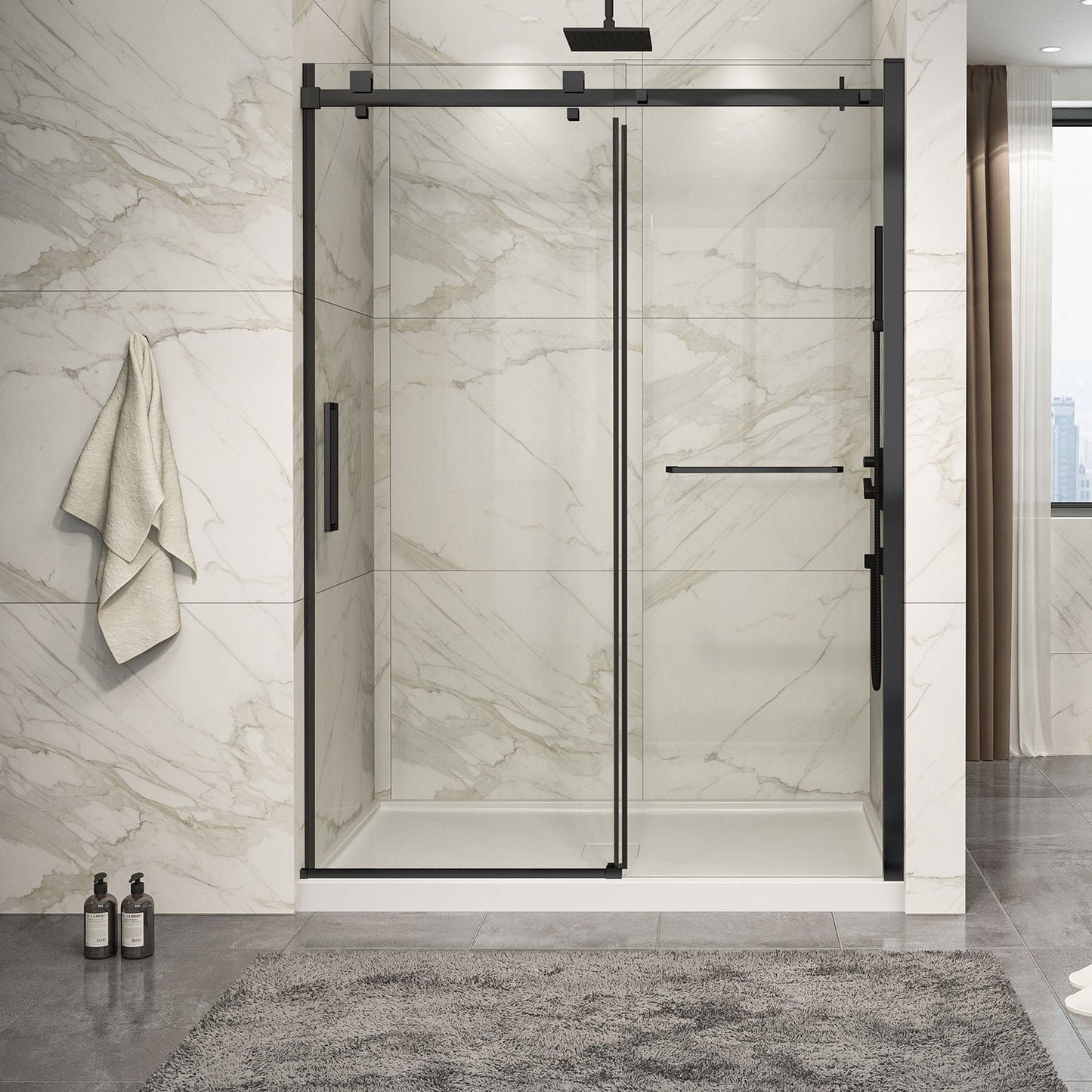 Zitta Shower door 60", in alcove, in brushed gold