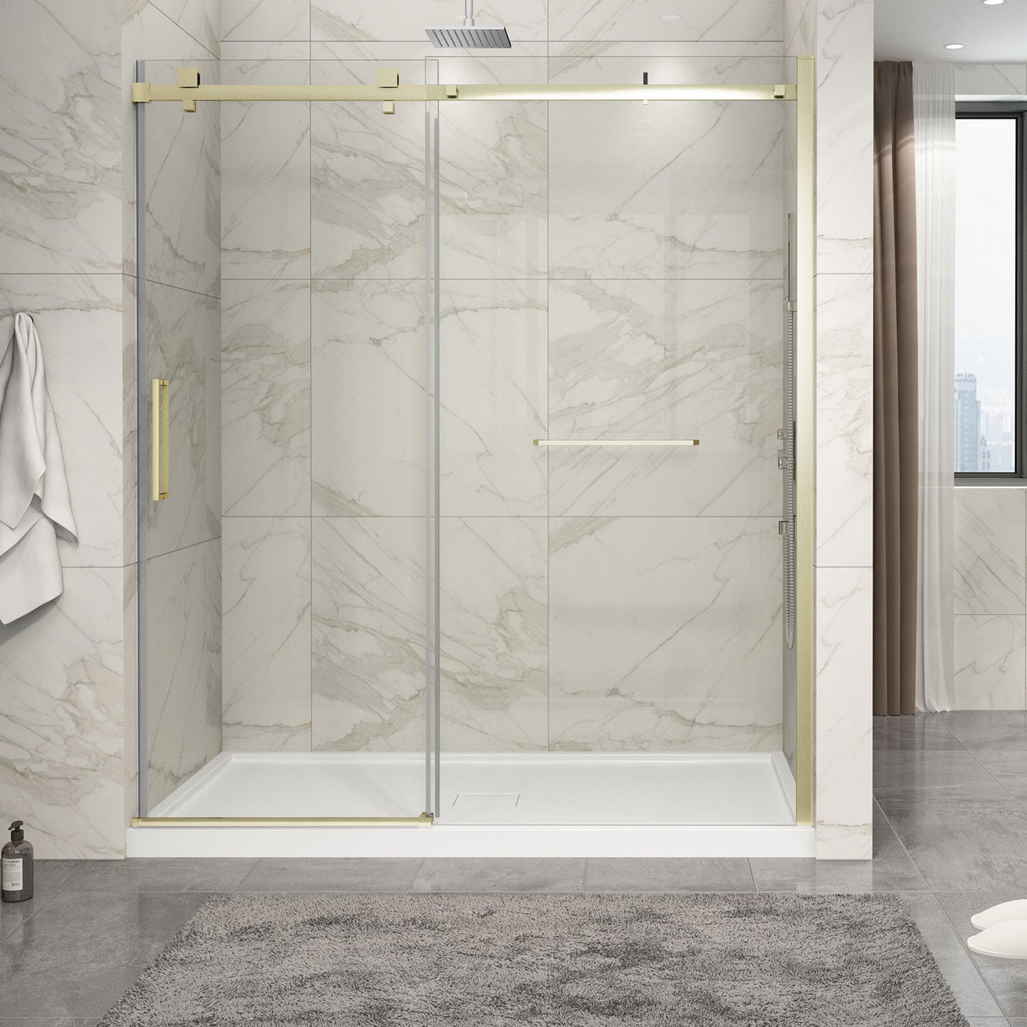 Zitta Shower door 72", in alcove, in brushed gold