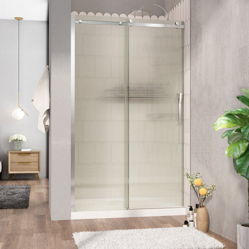 Zitta Shower door 48", in alcove, door on the right, in chrome and fluted glass
