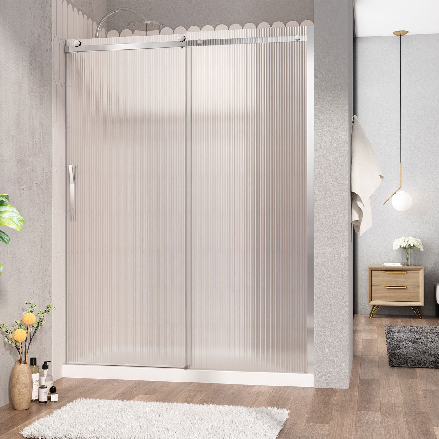 Zitta Shower door 60", in alcove, door on the left, in chrome and fluted glass