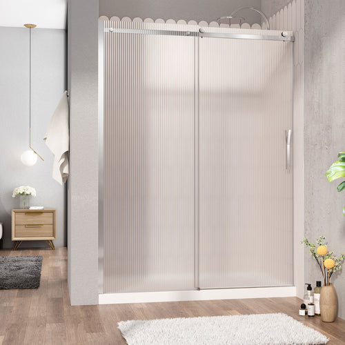 Zitta Shower door 60", in alcove, door on the right, in chrome and fluted glass