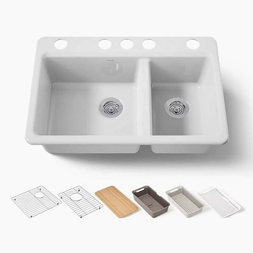 Kohler Riverby® 33" undermount double-bowl workstation kitchen sink
