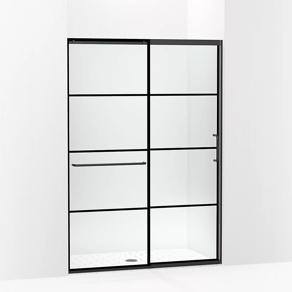Kohler Sliding shower door, 75-1/2" H x 50-1/4 - 53-5/8" W, with heavy 5/16" thick Crystal Clear glass with rectangular grille pattern