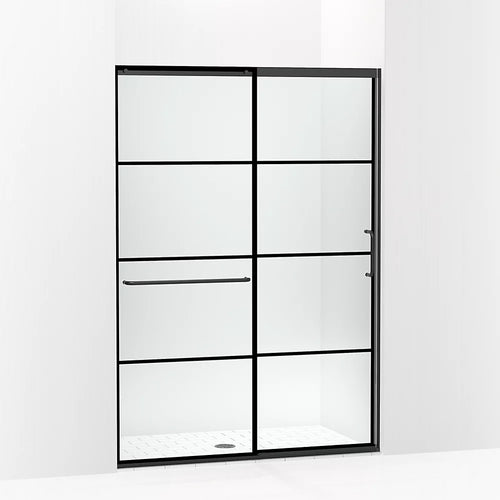 Kohler Sliding shower door, 75-1/2" H x 50-1/4 - 53-5/8" W, with heavy 5/16" thick Crystal Clear glass with rectangular grille pattern