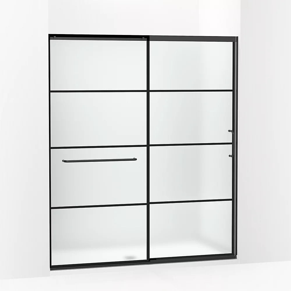 Kohler Sliding shower door, 75-1/2" H x 62-1/4 - 65-5/8" W, with heavy 5/16" thick Frosted glass with rectangular grille pattern