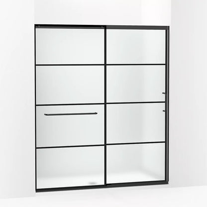 Kohler Sliding shower door, 75-1/2" H x 62-1/4 - 65-5/8" W, with heavy 5/16" thick Frosted glass with rectangular grille pattern