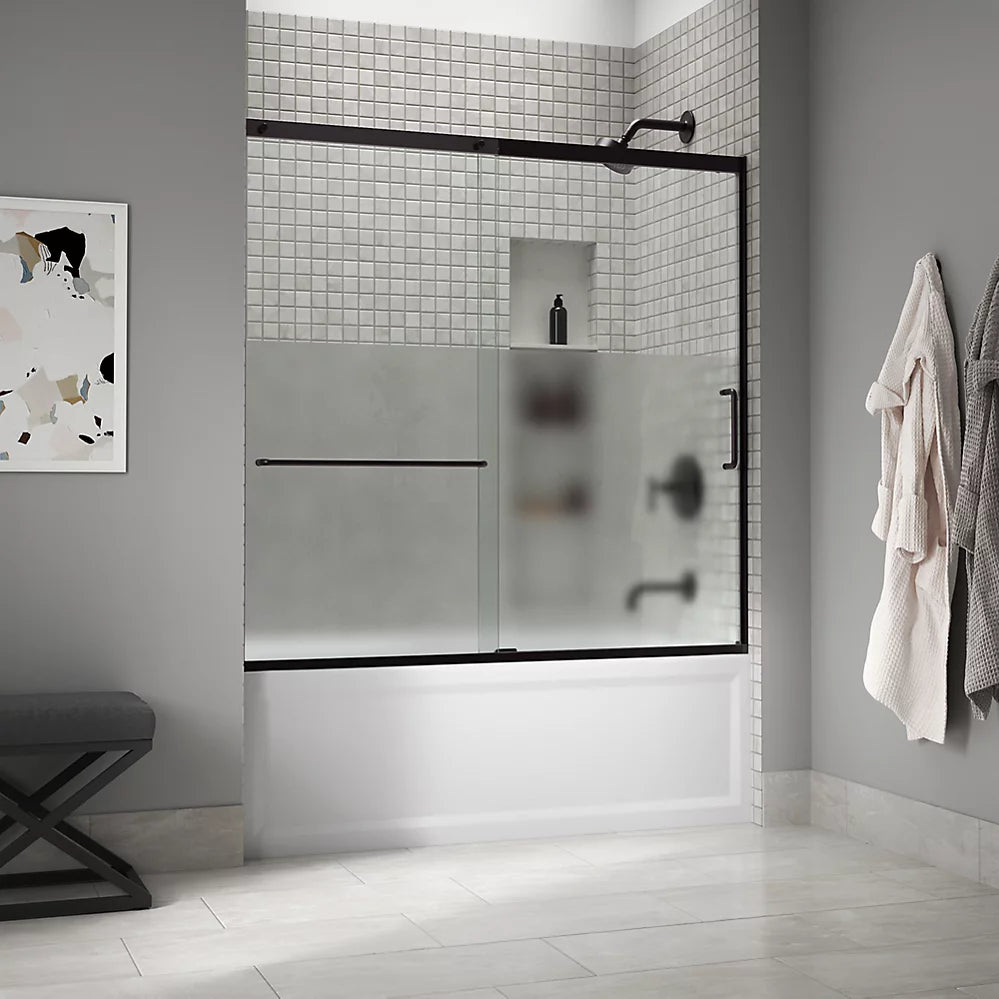 Kohler Sliding bath door, 56-3/4" H x 56-1/4 - 59-5/8" W with heavy 5/16" thick Crystal Clear glass with privacy band