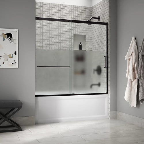Kohler Sliding bath door, 56-3/4" H x 56-1/4 - 59-5/8" W with heavy 5/16" thick Crystal Clear glass with privacy band