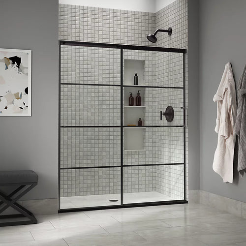 Kohler Sliding shower door, 75-1/2" H x 56-1/4 - 59-5/8" W, with heavy 5/16" thick Crystal Clear glass with rectangular grille pattern