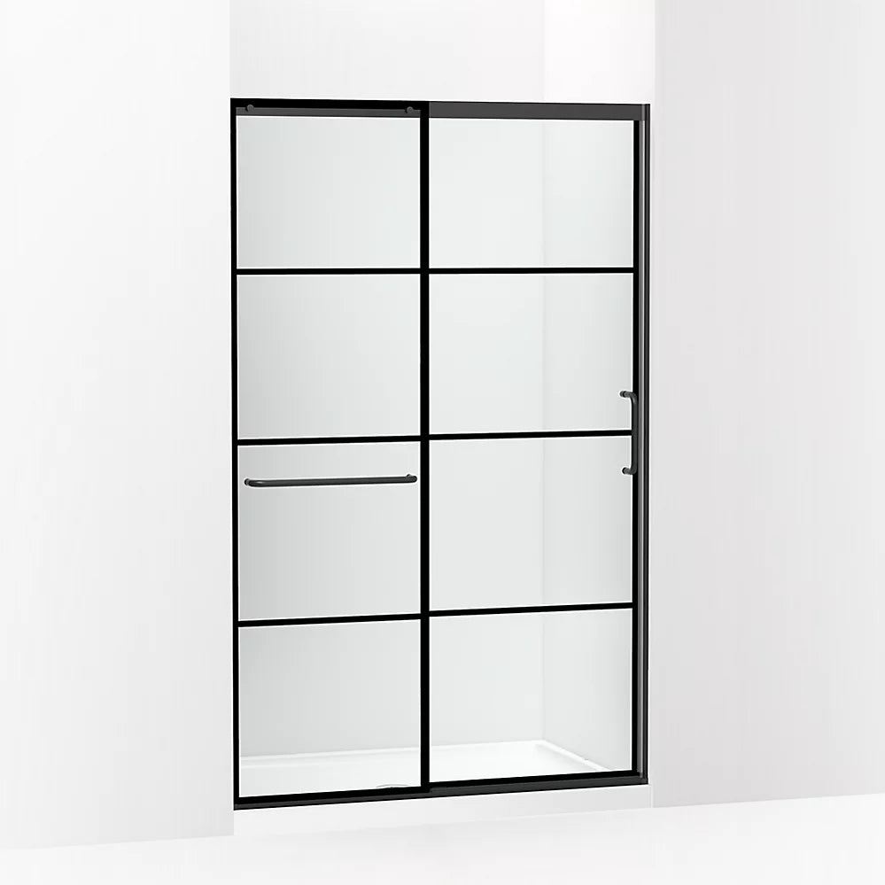 Kohler Sliding shower door, 75-1/2" H x 44-1/4 - 47-5/8" W, with heavy 5/16" thick Crystal Clear glass with rectangular grille pattern