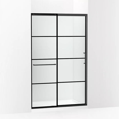 Kohler Sliding shower door, 75-1/2" H x 44-1/4 - 47-5/8" W, with heavy 5/16" thick Crystal Clear glass with rectangular grille pattern