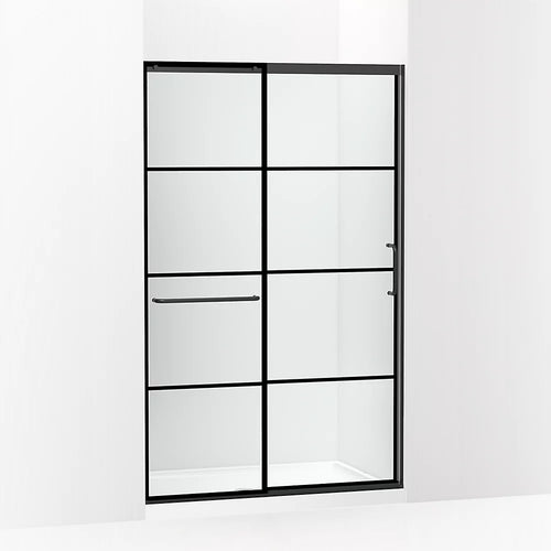 Kohler Sliding shower door, 75-1/2" H x 44-1/4 - 47-5/8" W, with heavy 5/16" thick Crystal Clear glass with rectangular grille pattern