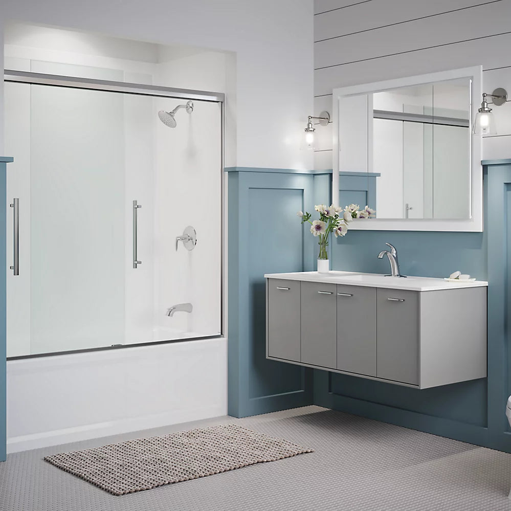 Kohler Frameless sliding bath door, 63-9/16" H x 54-5/8 - 59-5/8" W, with 5/16" thick Frosted glass