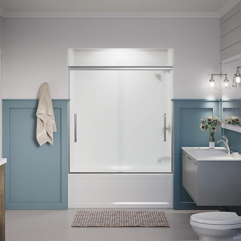 Kohler Frameless sliding bath door, 63-9/16" H x 54-5/8 - 59-5/8" W, with 5/16" thick Frosted glass