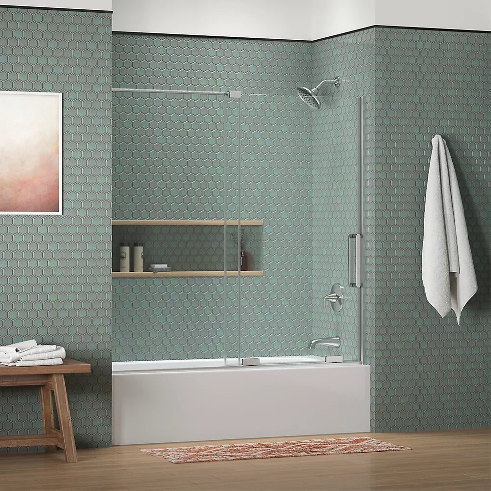 Kohler Sliding bath door, 58-1/4" H x 55-3/4 - 59-3/4" W, with 5/16" thick Crystal Clear glass