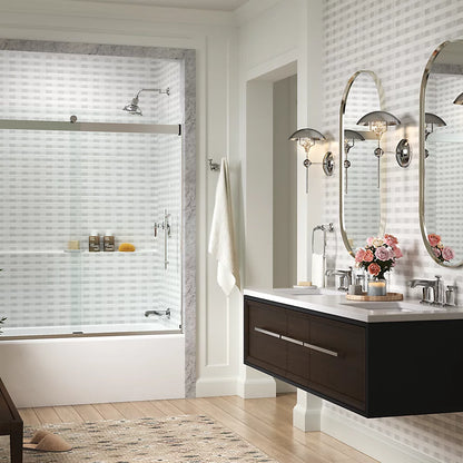 Kohler Frameless sliding bath door, 61-9/16" H x 56-5/8 - 59-5/8" W, with 5/16"-thick Crystal Clear glass