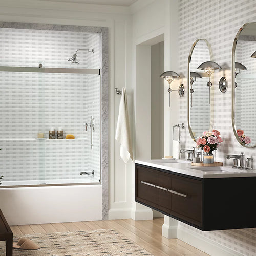 Kohler Frameless sliding bath door, 61-9/16" H x 56-5/8 - 59-5/8" W, with 5/16"-thick Crystal Clear glass