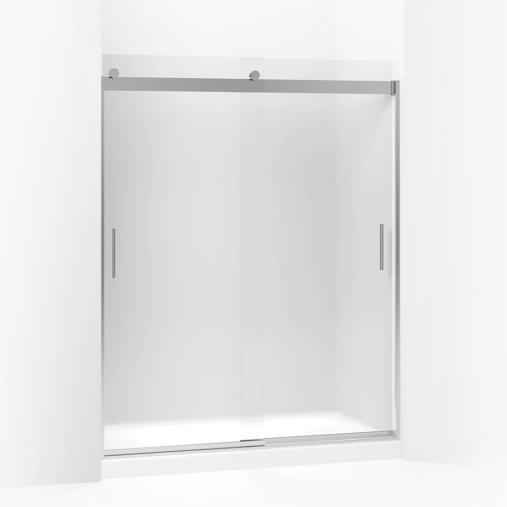 Kohler Sliding shower door, 74" H x 56-5/8 - 59-5/8" W, with 1/4" thick Frosted glass and blade handles