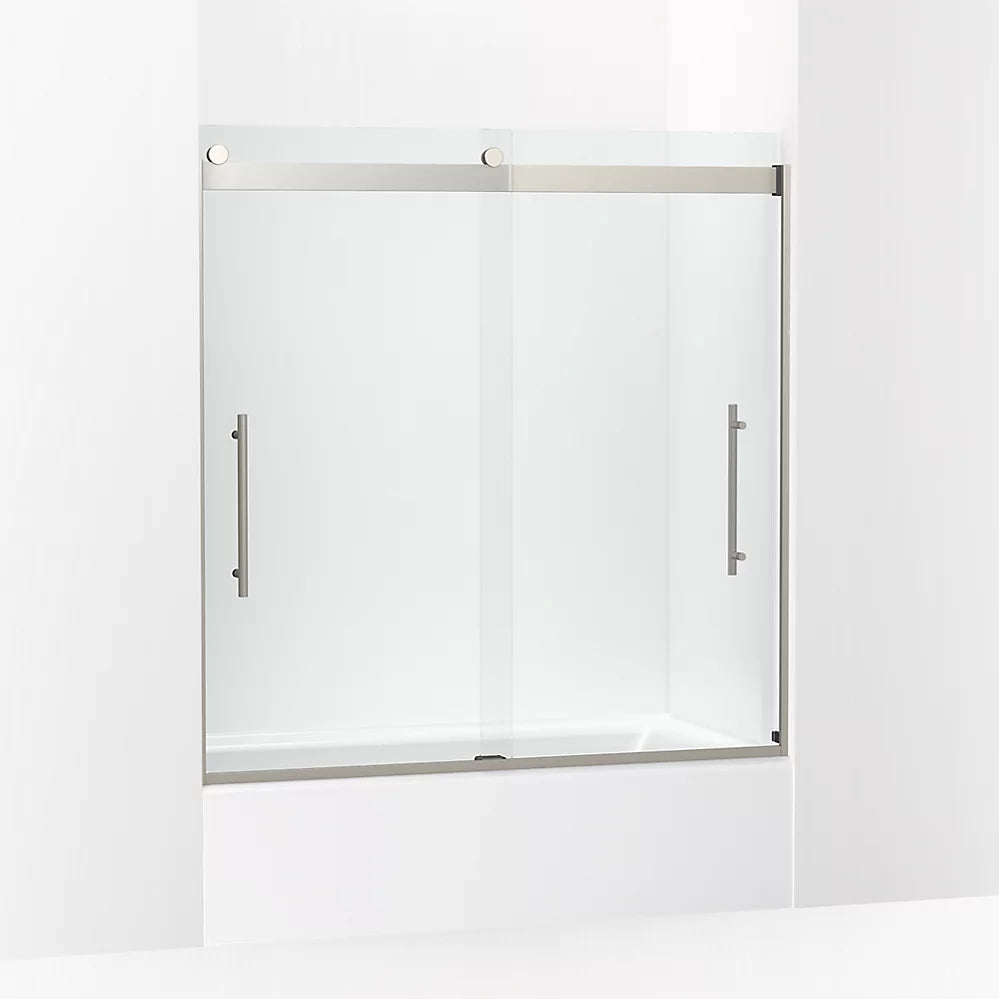 Kohler Frameless sliding bath door, 61-9/16" H x 56-5/8 - 59-5/8" W, with 3/8"-thick Crystal Clear glass