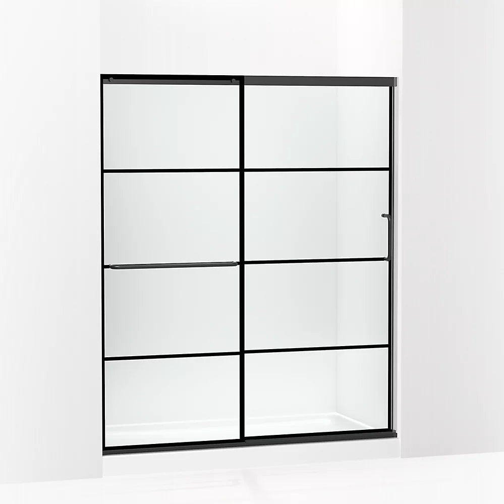 Kohler Sliding shower door, 70-1/2" H x 56-1/4 - 59-5/8" W, with 1/4" thick Crystal Clear glass with rectangular grille pattern