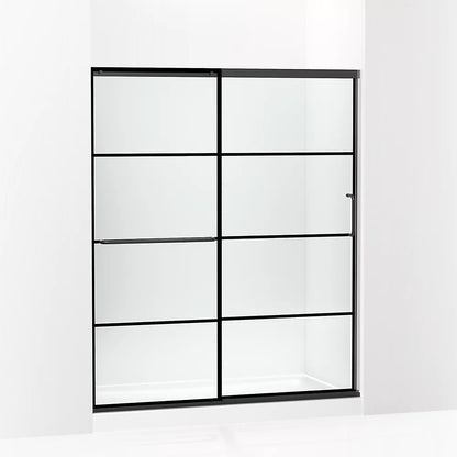 Kohler Sliding shower door, 70-1/2" H x 56-1/4 - 59-5/8" W, with 1/4" thick Crystal Clear glass with rectangular grille pattern
